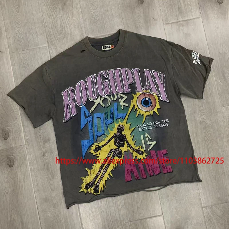 Casual Trend Roguh Play Shining Diamond Short Sleeve Top Letter Logo High Quality Classic Washed Grey ROUGH PLAY T Shirt
