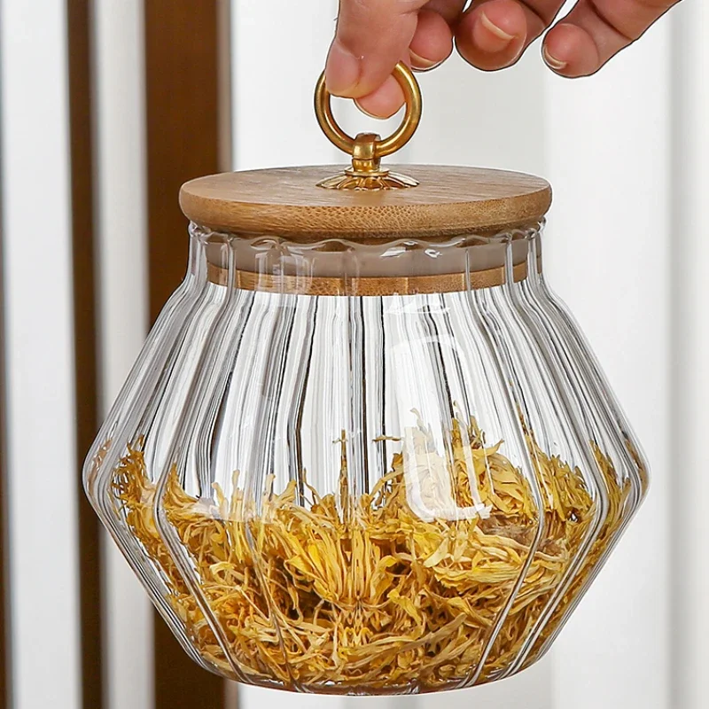 Tea jar Flower tea jar Glass sealed jar coffee bean jar Household tea bin Kitchen storage jar through storage bottle