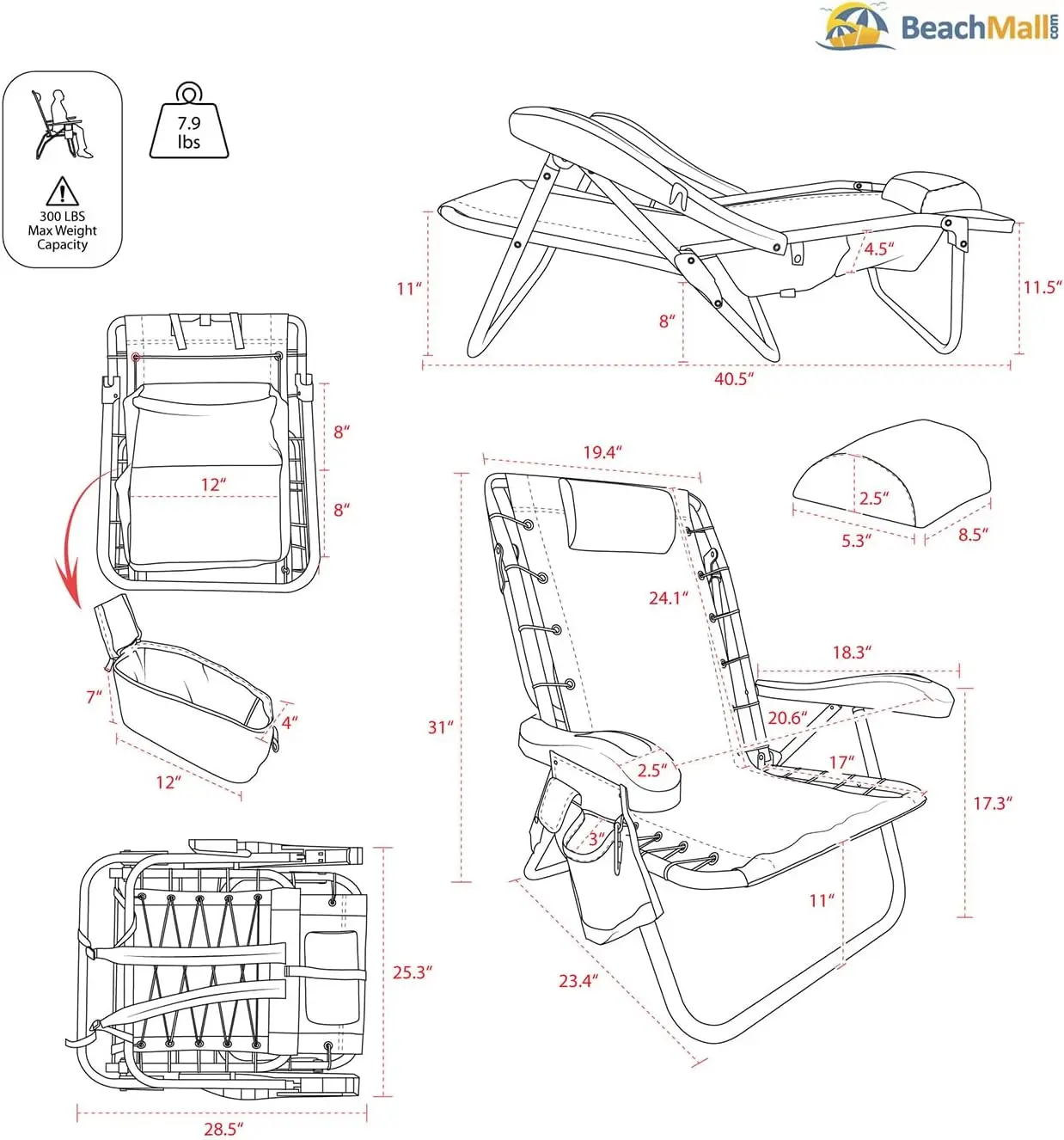 Adult Ultimate Aluminum Folding Backpack Beach Chair with 5 Tilt Positions Insulated Refrigerator Bags | Weighing 300 Pounds