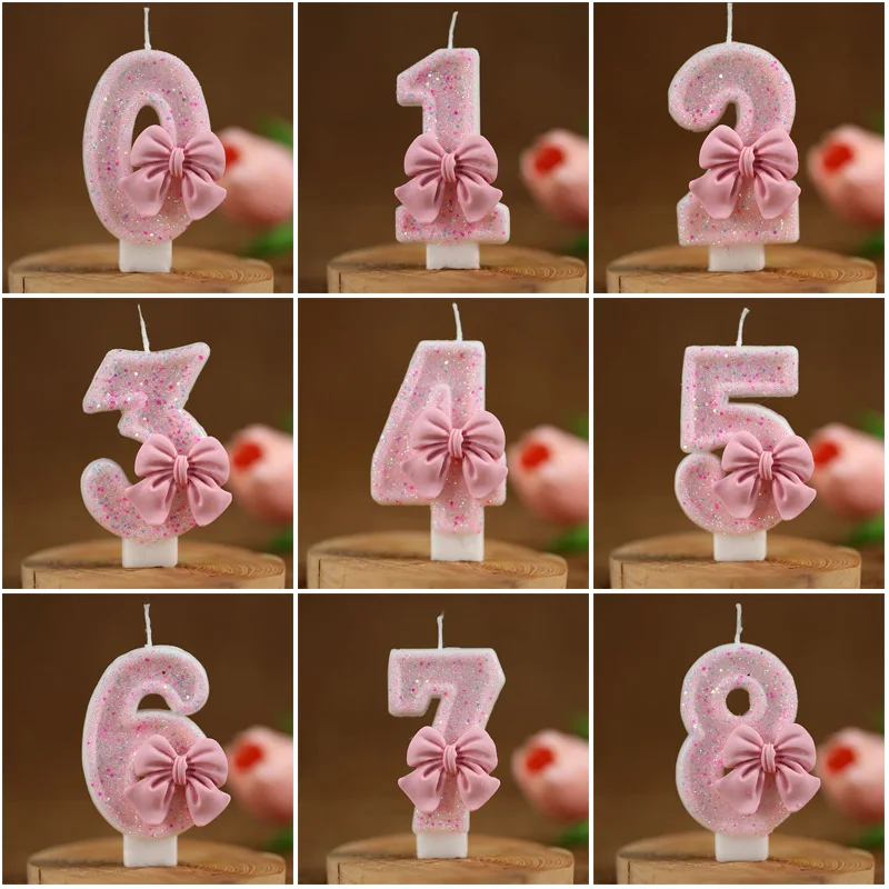 Number 0-9 Candle Cake Toppers with Pink Glitter Bow 1st Happy Birthday Cake Decorations for Girls 16th Birthday Party Supplies