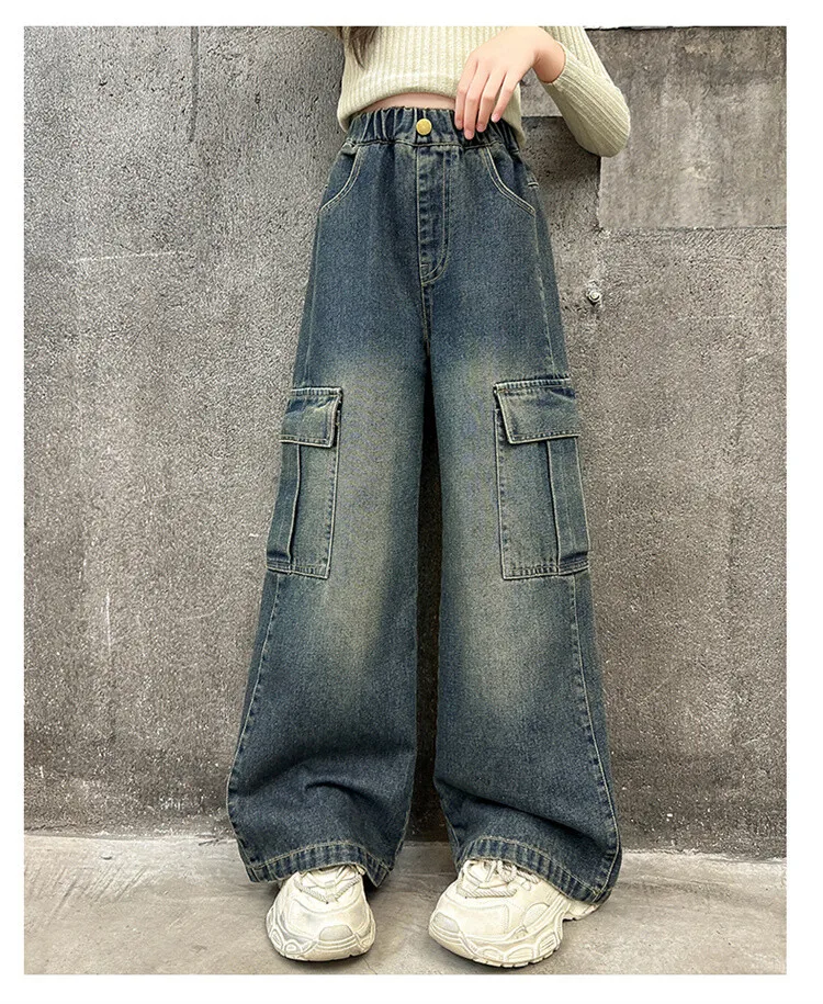 Mädchen Frühling Herbst Weitbein-Jeans 4-14 Jahre Kinder Teenager Elastische Hohe Taille Multi-Taschen Lose Lässige Streetwear-Hosen – Detail 15