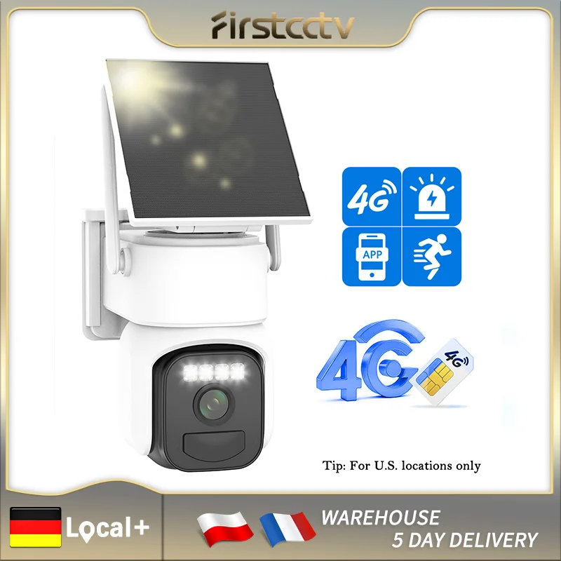 Caméra de sécurité solaire FIRSTCCTV 3MP 100% 4G LTE, caméra CCTV sans fil PTZ avec audio bidirectionnel et panneau solaire