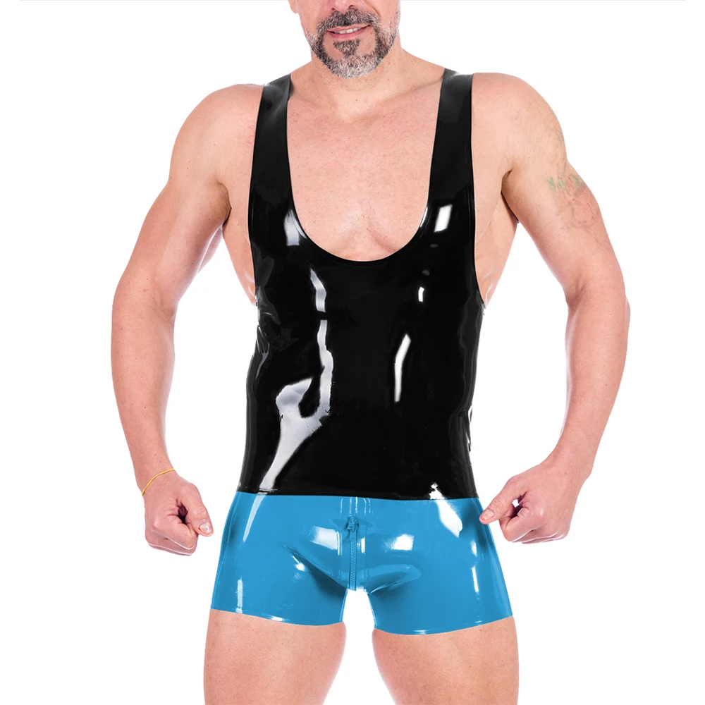 Men Wet Look Patent Leather Short Sets Sexy Lingerie PVC Shiny U-neck Sleeveless Tank Top with Zipper Open Crotch Shorts Clubwer