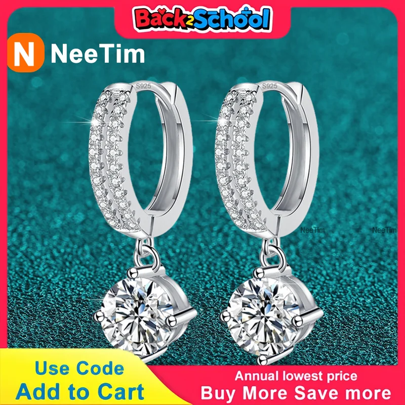 

NeeTim 1ct D Color Moissanite Earring 925 Sterling Sliver with White Gold Plated Drop Earrings Wedding Party Jewelry for Women
