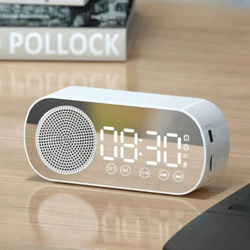 LED Mirror Digital Alarm Clock Bluetooth 5.0 Speaker Heavy Bass Wireless Audio Player Support TF Card FM Radio USB Rechargeable