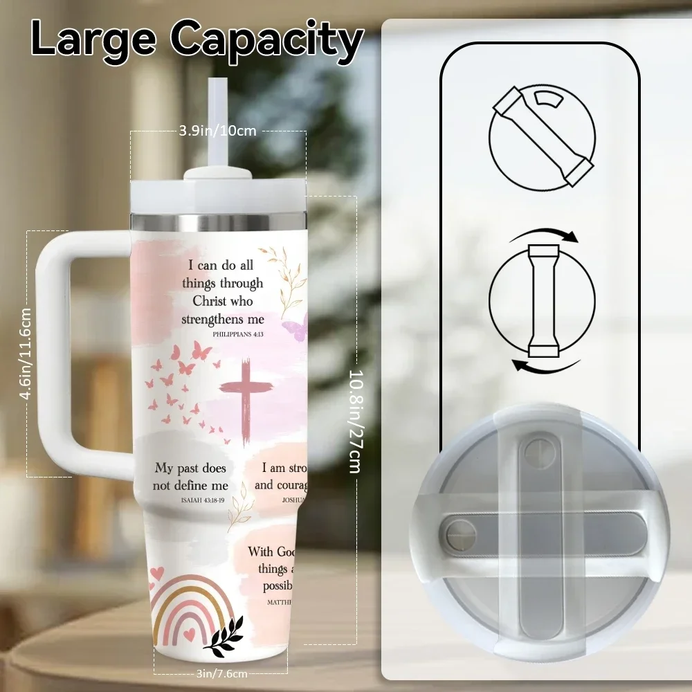 Christian Daily Reminders Vacuum Flasks 40oz Stainless Steel Insulated Tumbler with Handle Straw Lid Leakproof Travel Mug