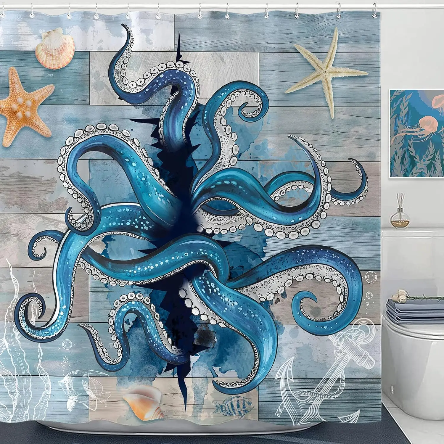 

Blue Octopus Starfish Seashell Wooden Background Shower Curtain Nautical Ocean Decor Waterproof Print