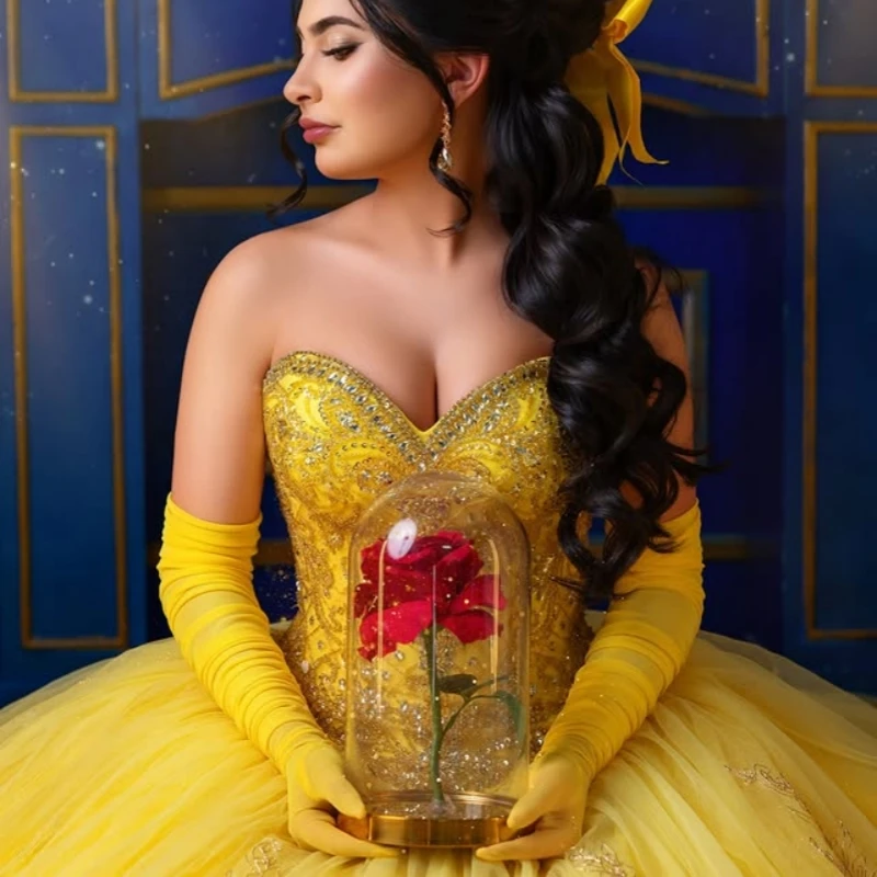 

Желтые платья Quinceanera по индивидуальному заказу с открытыми плечами и блестками, кристаллическая аппликация, кружевное платье с длинным хвостом, Vestido 15, Quinceanera