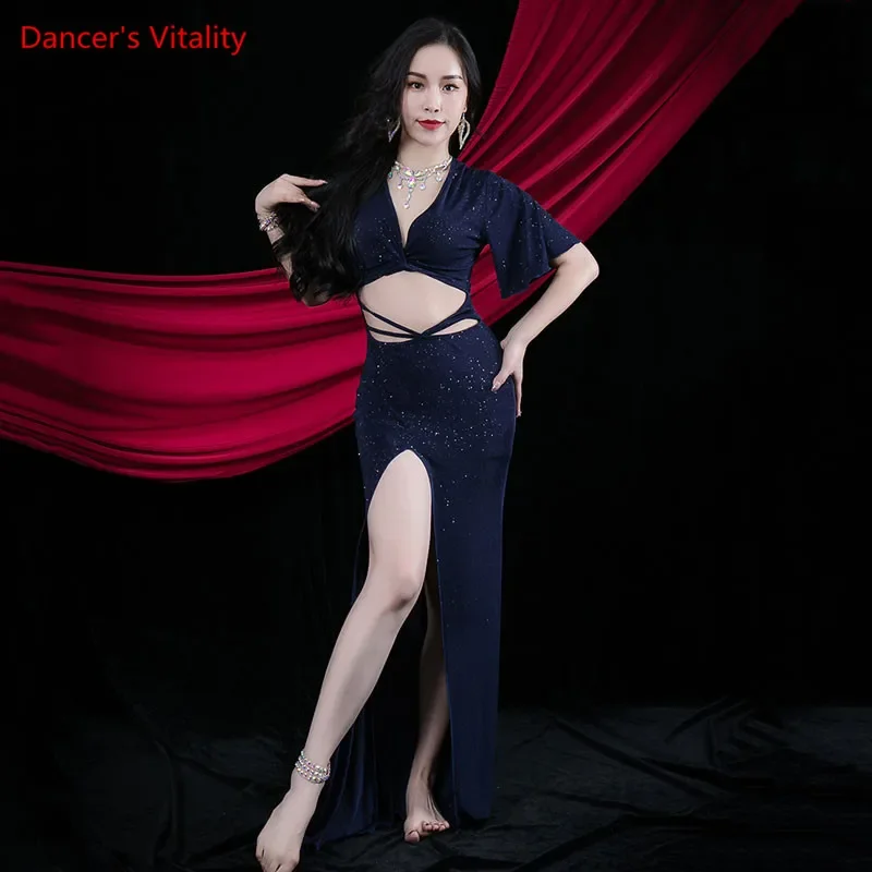 Belly Dance Dress Sequins Long Skirt Short Sleeve Practice Clothes Female Elegant V-neck Split Performance Training Clothing