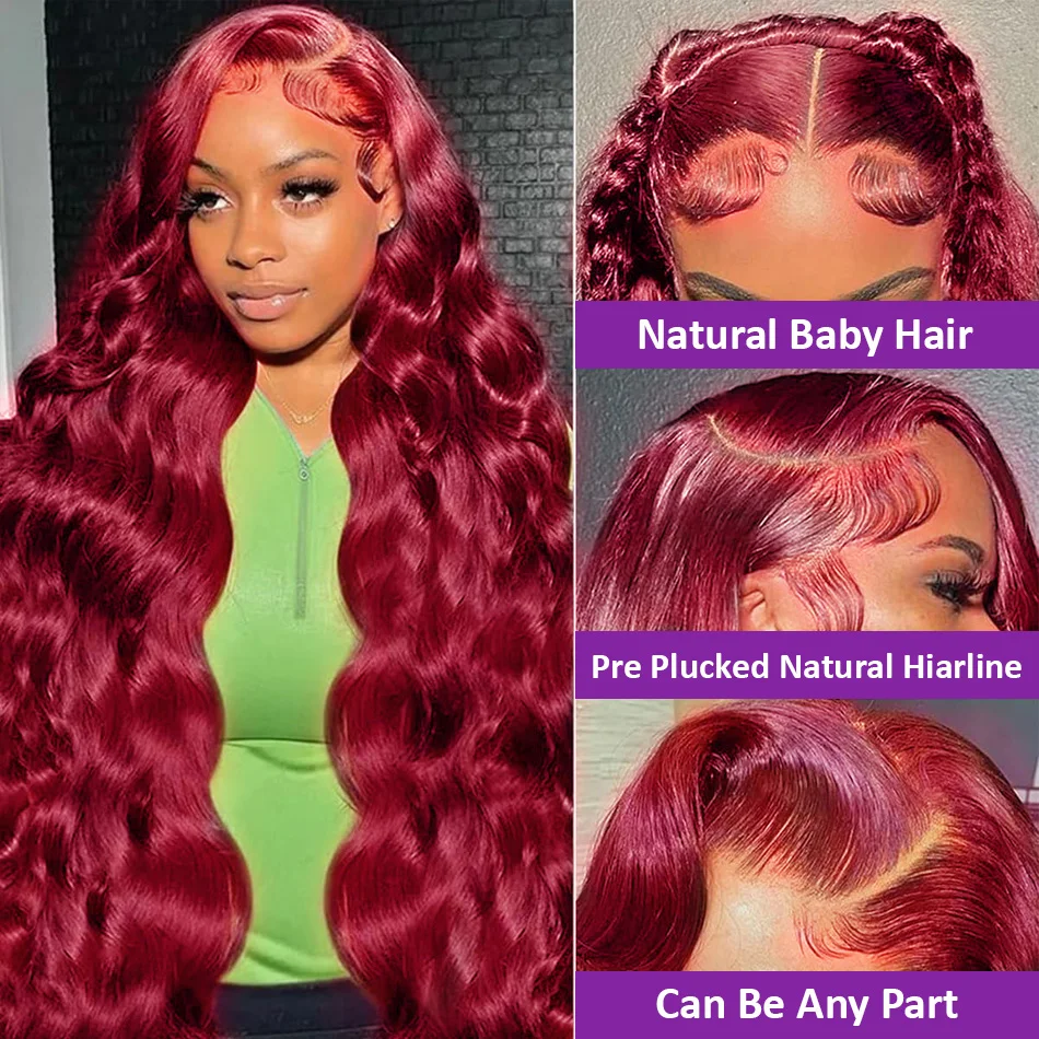 Perruque Lace Front Wig Body Wave Naturelle, Cheveux Humains, Couleur Rouge Bordeaux 99J, 13x4, 13x6 HD, Pre-Plucked, pour Femme, 30 Pouces