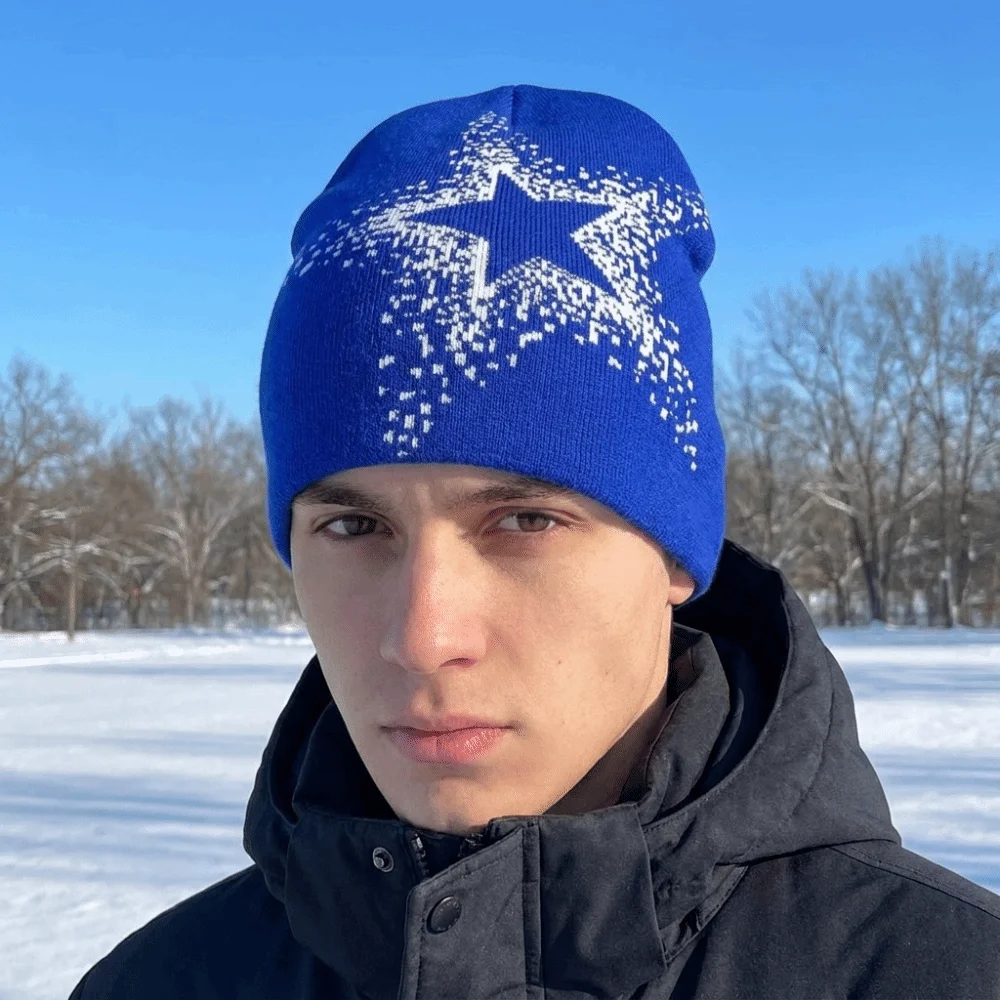 Cool Jacquard Star Knitted Hat Cashmere Warm Pullover Cap Pentagram Hip Hop Y2k Beanie Hat Hip Hop