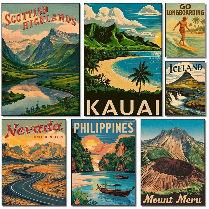 

Vintage World Travel Scottish Highlands Miami Iceland Landscape Poster Diamond Painting Wall Art Pictures Home Interior Decor