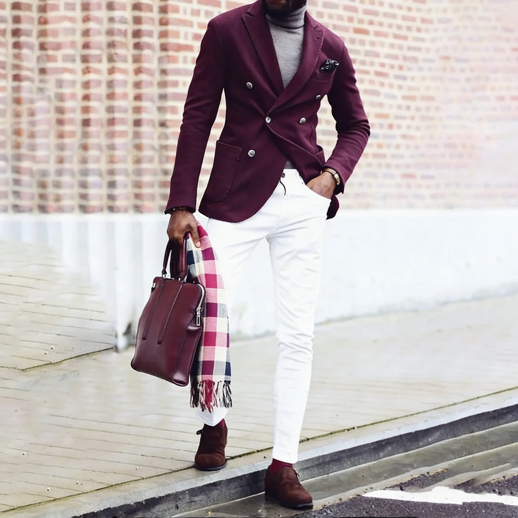 

Luxury Men's Suits Slim Fit 2 Pieces Purple Jacket White Pant Double Breasted Banquet Wedding Custom Blazer Set Traje De Hombre