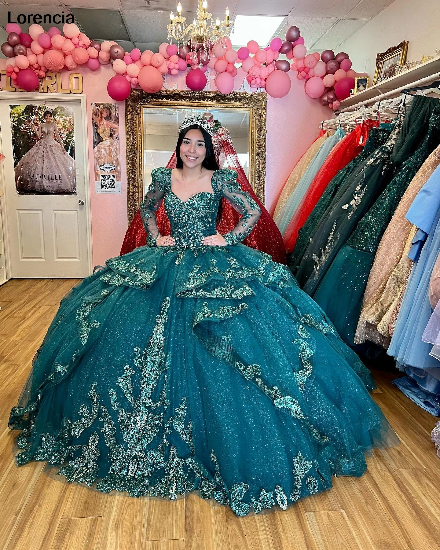 Lorensia gaun manik-manik Applique renda gaun bola gaun Quinceanera hijau zamrud dengan Tiered manis 16 Vestidos De 15 aduduk YQD858