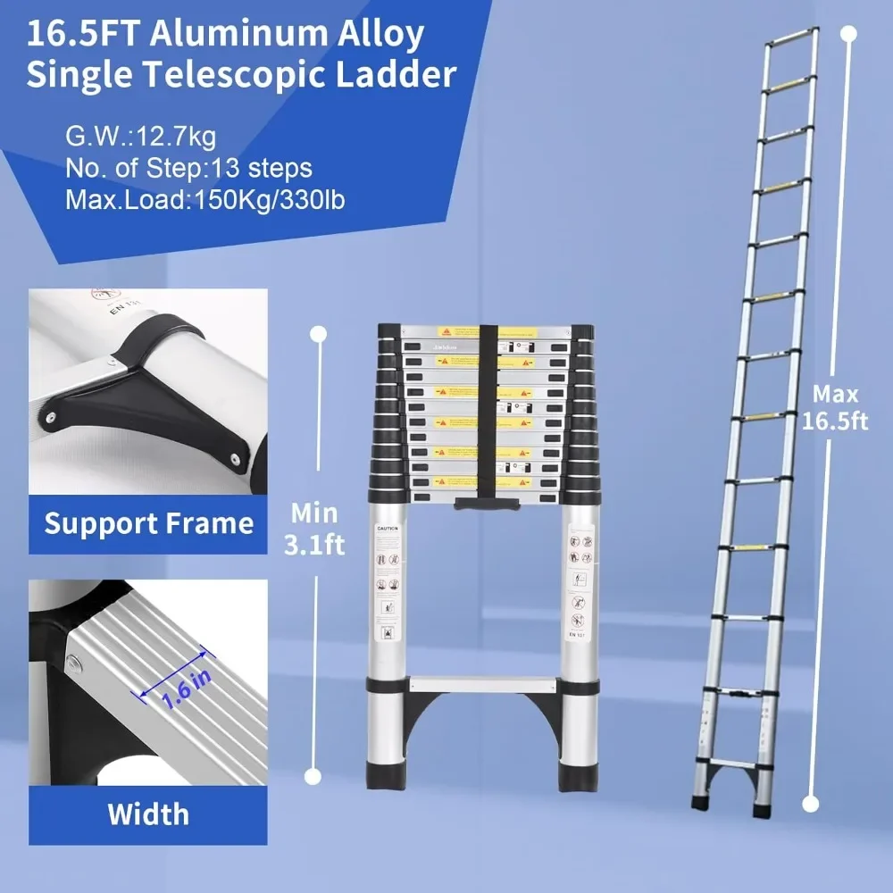 

16.5 FT Extension Ladder Aluminum Lightweight Telescopic Ladder with 2 Triangle Stabilizers Telescoping Attic Ladder