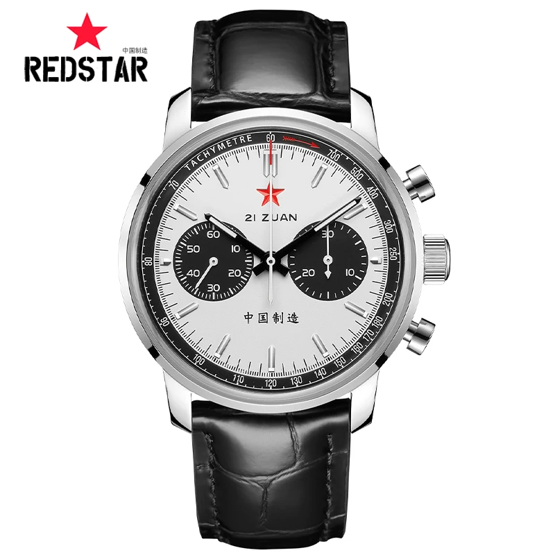 Red Star Men\'s 1963 Chronograph Mechanical Watch Pilot Original ST1901 Movement Re-Engraved Luminous Aviation Flight Retro Clock