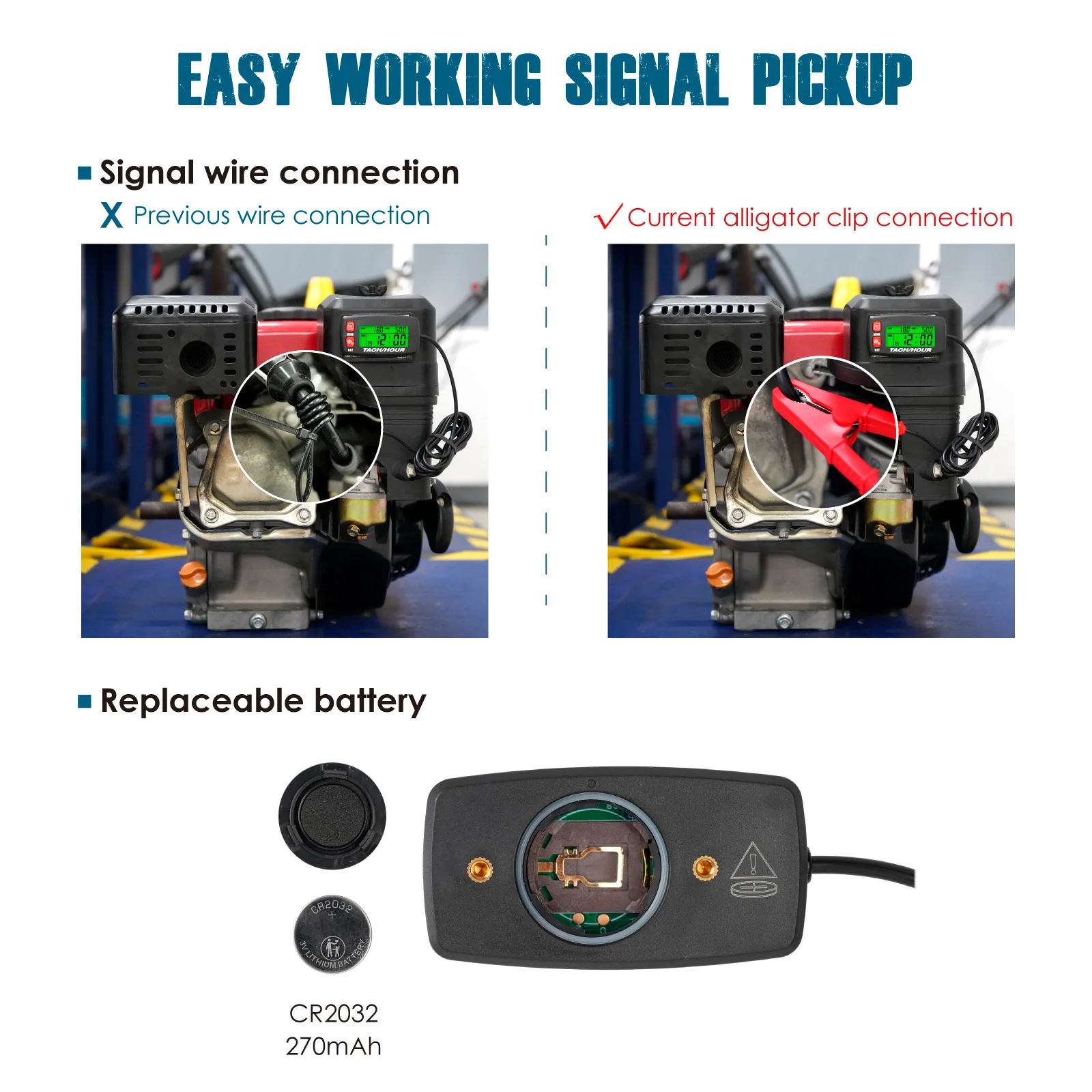 Digital Tach/Hour Meter HM032J Alligator Clip, Maintenance Reminder for Garden Tractor Generator Motorcycle Outboard Chainsaw