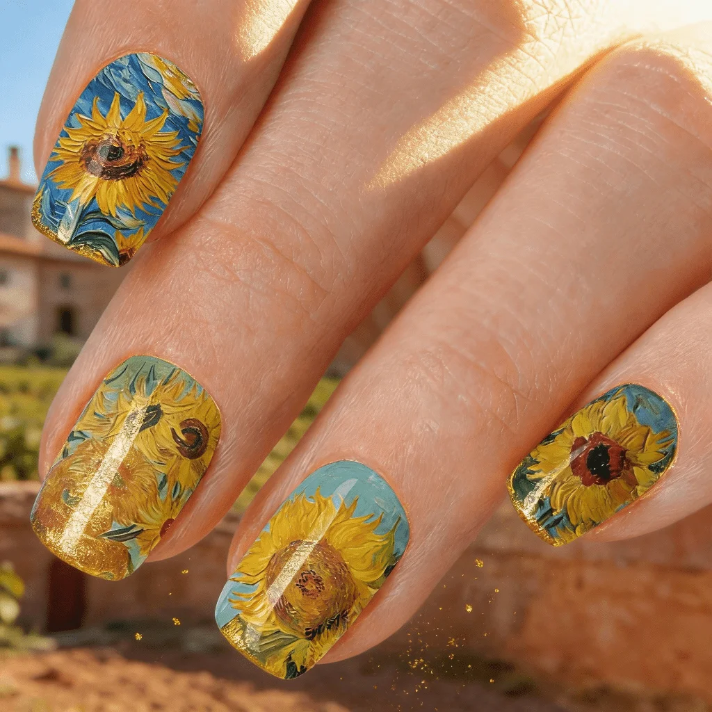 24pcs Medium Square Vintage Van Gogh Sunflowers Starry Swirls Press on Nails, Impressionist Oil Painting Fake Nails, Reusable Stick-on Nails with Jelly Gel & Nail File, UV Printed Art Lover Gift for Women