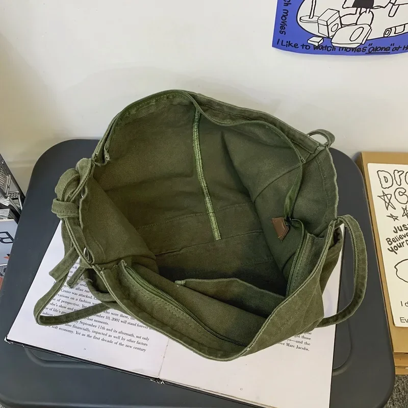 Studente grande capacità tela tessile Ita verde sopra la borsa a tracolla estetica Y2K tessuto Grunge corea elegante scuola libro Leptop Bag