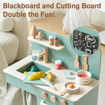 兒童益智廚房玩具套裝,食物烹飪遊戲玩具,綠色木製廚房玩具,含廚房用具配件 10 最佳銷售 兒童烹飪套裝 - №5