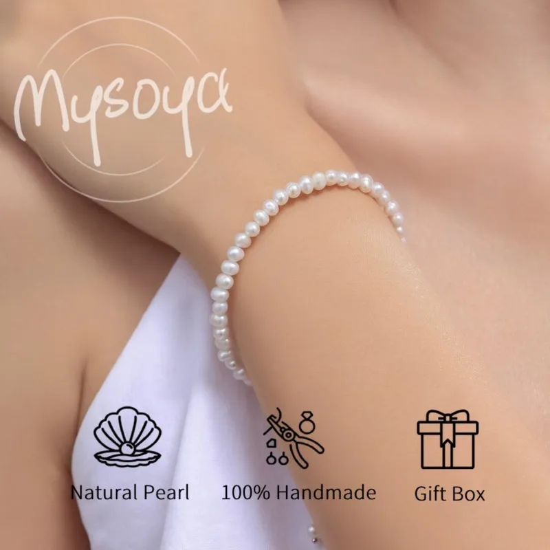 

MYSOYA 5-6 мм браслет из натурального белого пресноводного жемчуга для женщин и мужчин с подарочной коробкой, ювелирное изделие на день рождения, свадьбу, годовщину, подарок