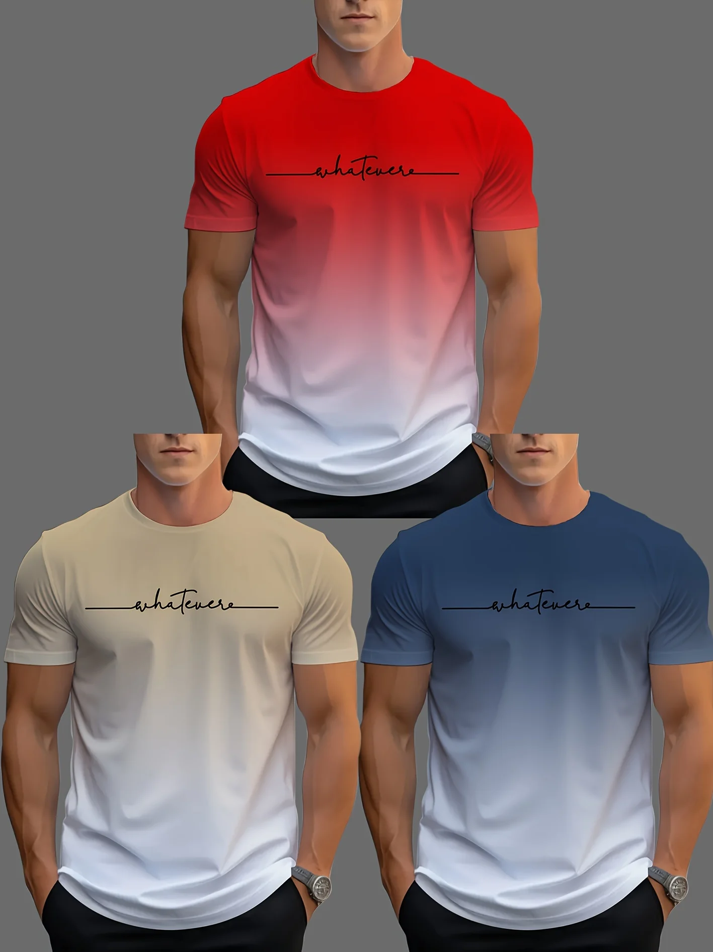 Men Trendy Gradient Graphic Tee Shirt, Blue White Fade Whatever Cursive Print Short Sleeve Crew Neck Everyday T-Shirt