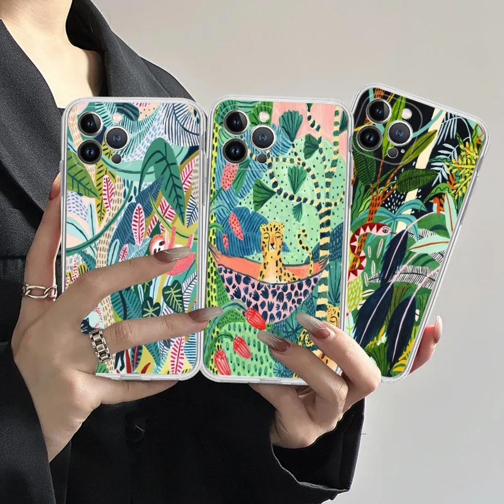 Tropical Jungle Print Leopard Phone Case Silicone Soft for iphone 16 15 14 13 12 11 Pro Mini XS MAX Plus X Cover