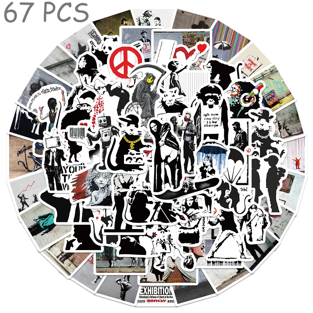 67pcs Cartoon Graffiti Banksy Stickers Street Art Decals For Phone Suitcase Skateboard Guitar Aesthetic Waterproof Stickers