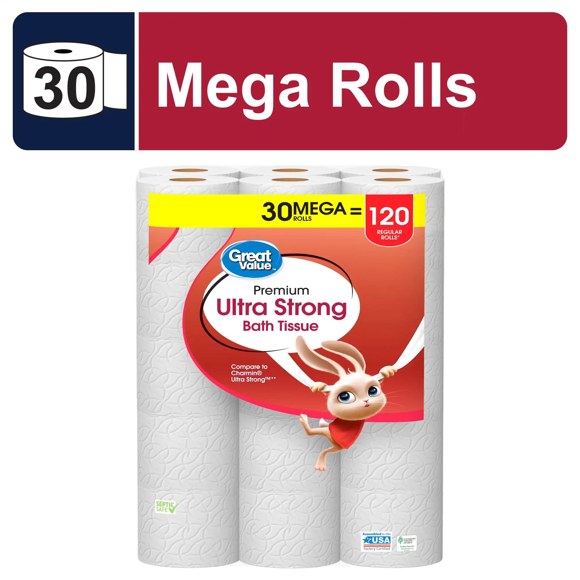 

Ultra Strong 2-Ply Toilet Paper, 30 Mega Rolls Super absorbent makes them the perfect solution for your home