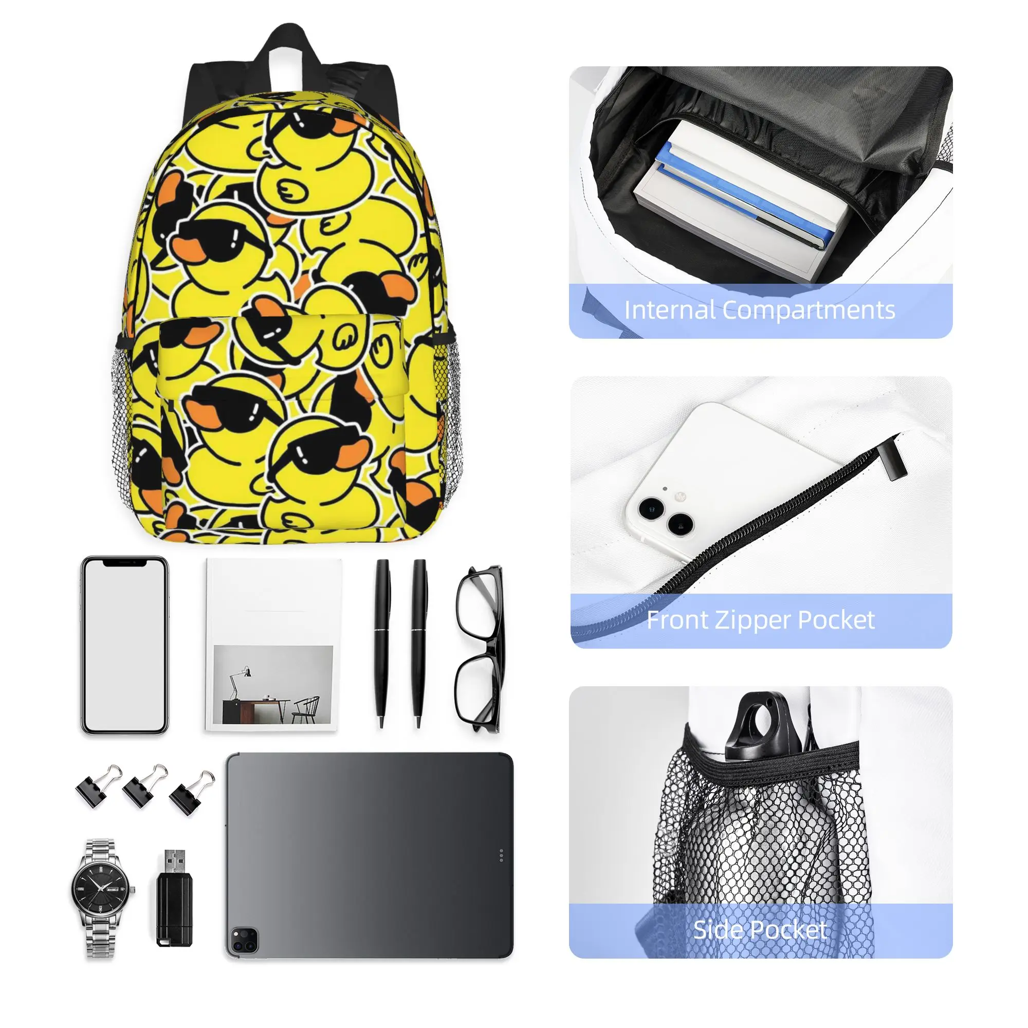 Rubber Duck With Sunglasses Pattern Backpack Hot Sale Daypack Boys Girls BookBag Shoulder Bags for Men Women School Bag