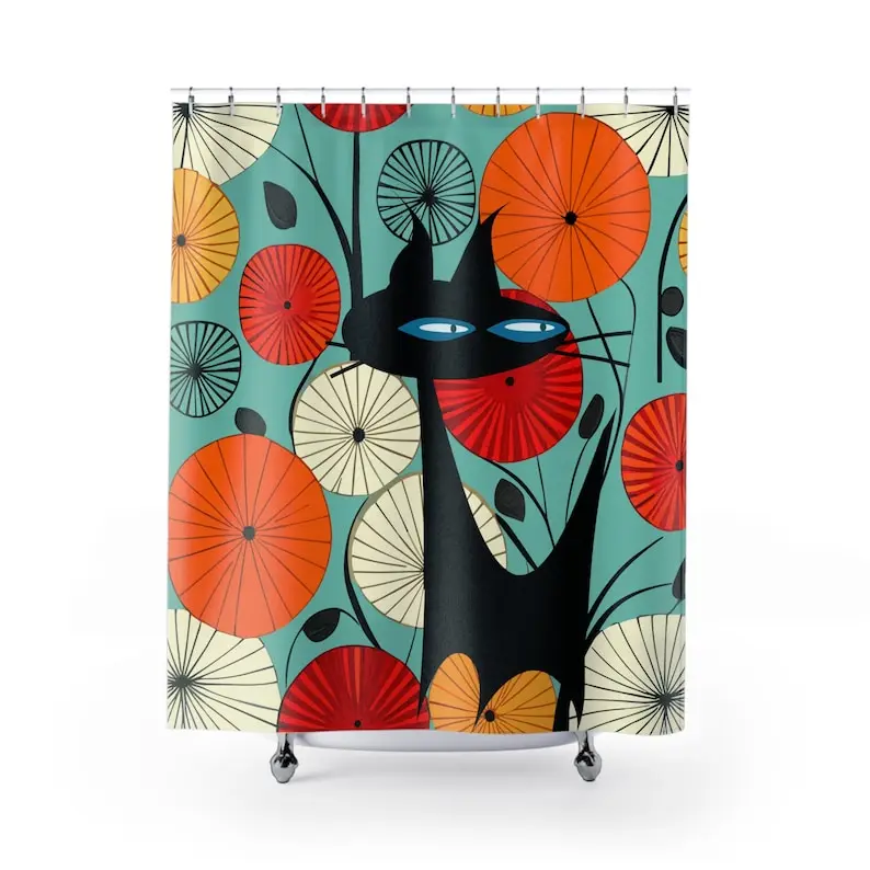 Atomic Cat Abstract Lotus Shower Curtain, Vintage Style Mod Geometric Design in Teal, Orange, Red and Yellow