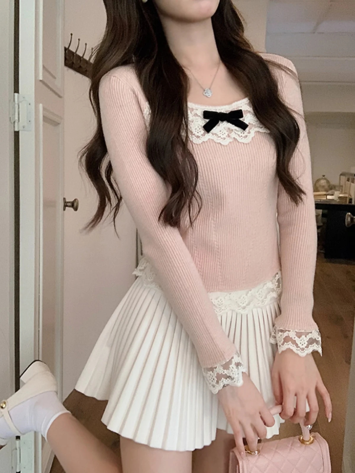 

Anli Sweet Pink Girl's Lace Splice Knot Knitted Sweater Anti-Aging Long Sve Top New Sle Women's Faion