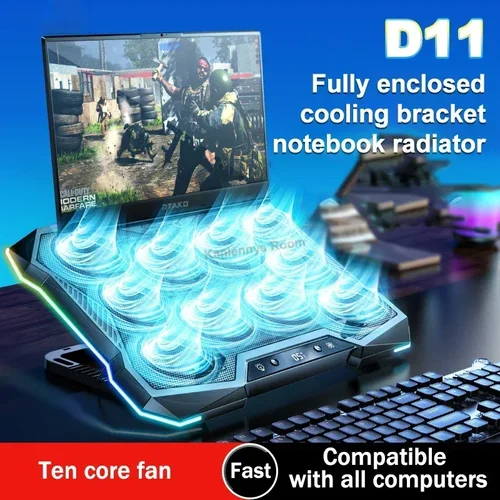 Imagen 1 del producto Enfriador para Laptop Gamer D11, 10 Ventiladores, Plegable, Ajustable, Soporte para Portátil, Disipador de Calor para Laptops de 12-18'', Base de Enfriamiento con Luz RGB