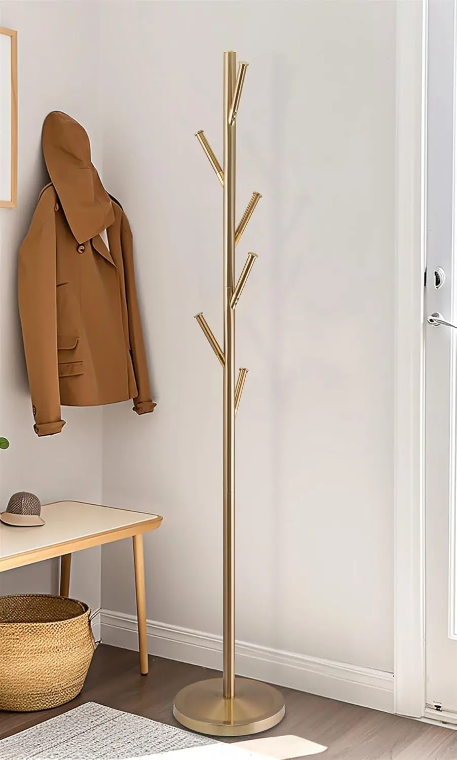 Addison 68" Modern 6 Hook Free Standing Metal Coat Rack, Weighted Base, Cool Brass Finish