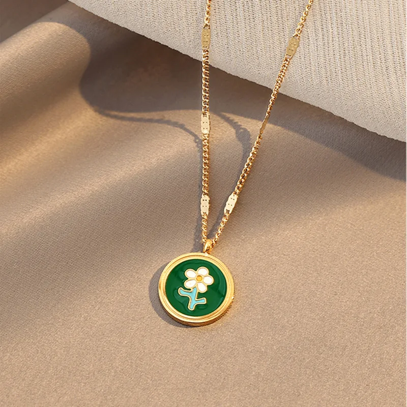 New stainless steel vintage Green floral necklace Gold color pendant necklace Women Party Jewelry