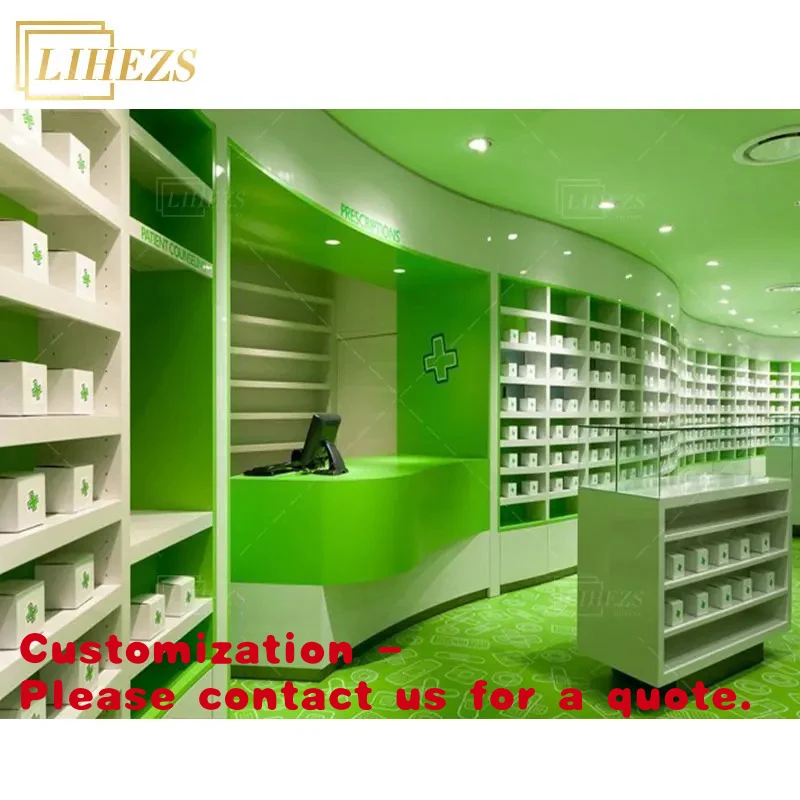 

custom.Trendy Medical Pharmacy Store Glass and Wooden Counter Furniture with LED Lighting Modern Design