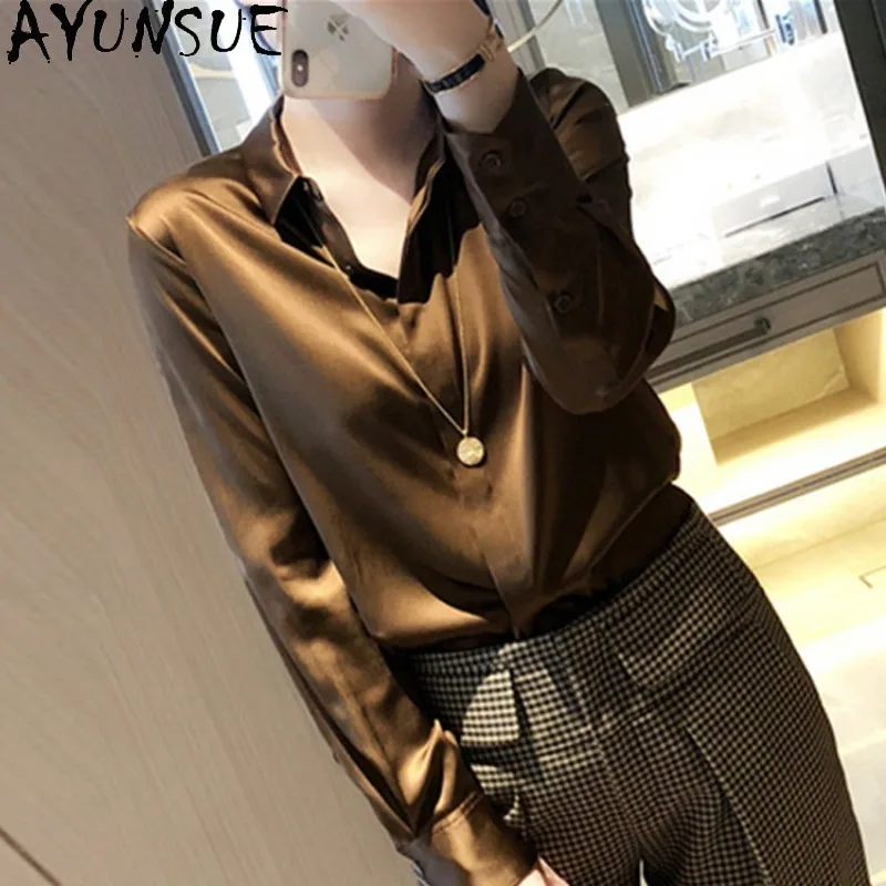 

AYUNSUE Natural Silk Women's Blouses and Shirts Classic Long Sleeve Tops Commuting Woman Blouse High Quality Woman Clothes 블라우스