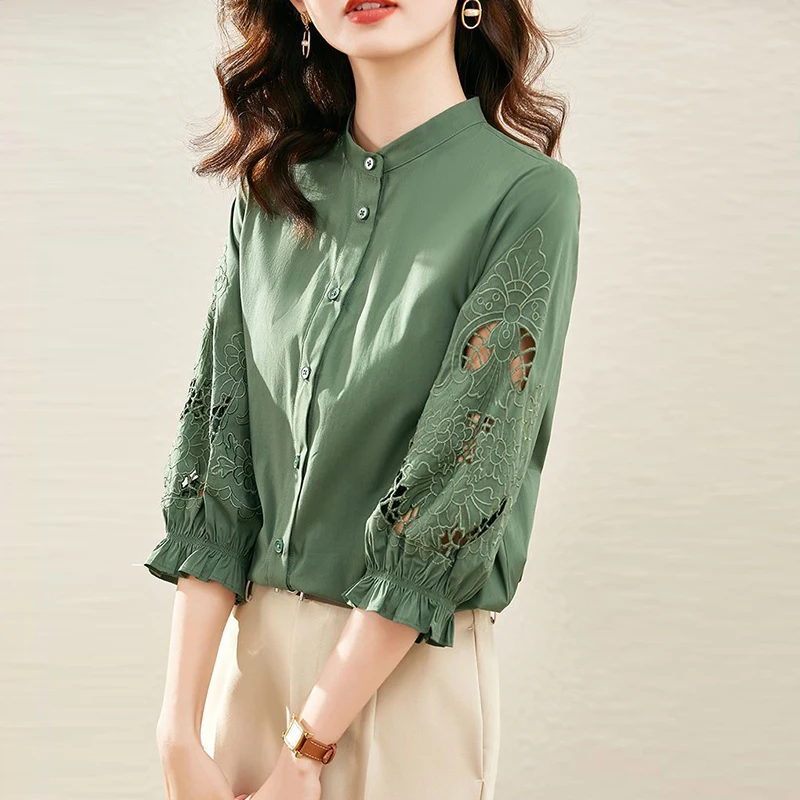 Summer New Stand Collar Embroidery Hollow Out Shirt Female Solid 3/4 Sleeve All-match Tops Women Buttons Casual Fashion Blouse