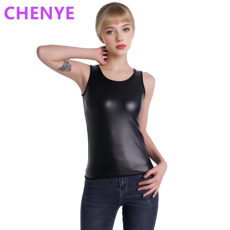 

Женский кожаный жилет без рукавов с круглым вырезом, майка, корсеты для тренировок на талии, тонкая рубашка, модные повседневные черные корректирующие топы