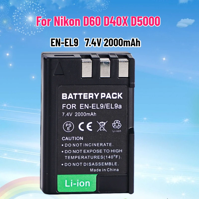 7.4V 2000mAh EN-EL9 Battery for Nikon D60 D40X D5000 DSLR Cameras High Capacity Rechargeable Li-ion Compatible with EN-EL9A