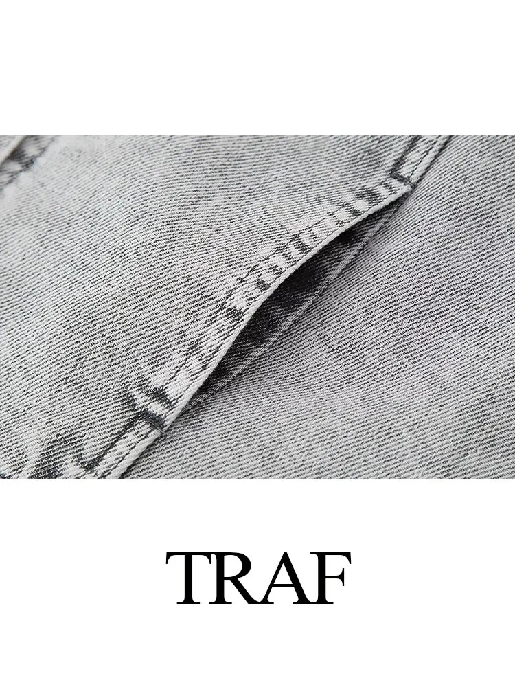 TRAF-abrigo de mezclilla para mujer, chaqueta holgada de un solo pecho con solapa de perlas de imitación, cárdigan Vintage con bolsillo, Primavera