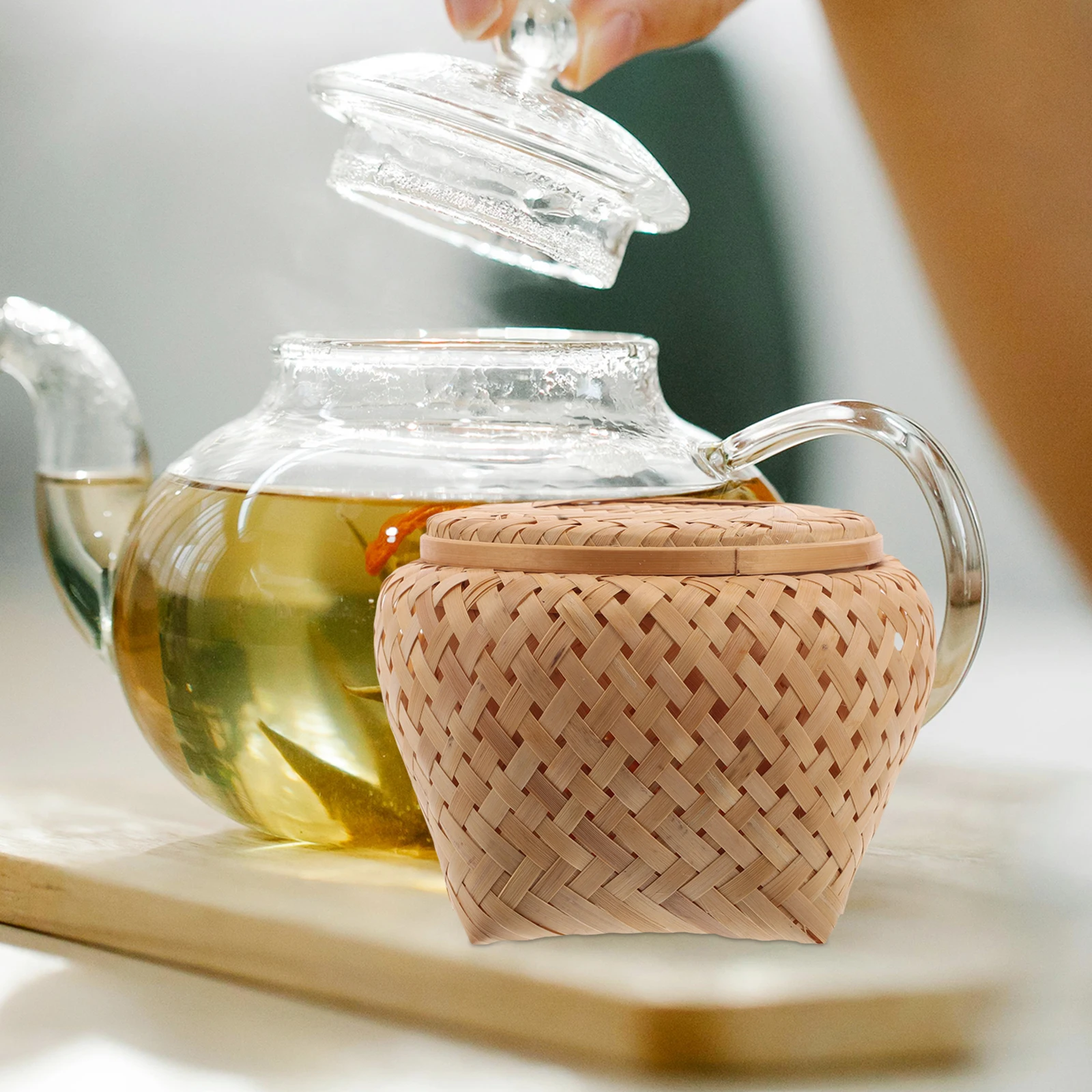 

Tea Jar Gift Box Empty Bags Bamboo Wicker Baskets Small Round Woven Rattan Storage with Lid