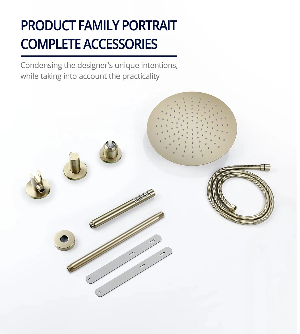 Dusch system aus gebürstetem Gold Set Bad Wasserhahn Decke 8 "-12'' Regen Dusch kopf 2 Wege Umlenker mit Misch ventil Messing Kit – Detail 12