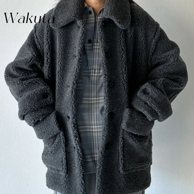 Wakuta Japanese Autumn Winter Retro Fashion Lapel H-shaped Classic Workwear Fur Jackets Small Stature Slimming Coat Quilted Coat