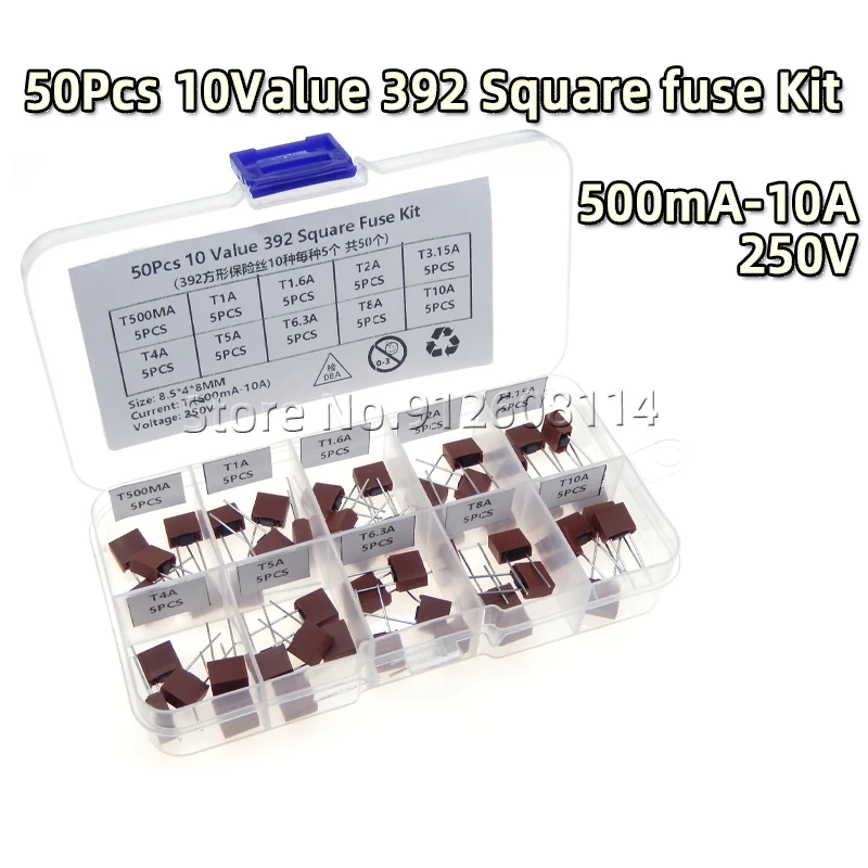 50/100PCS 392 Square Plastic Fuse Assortment Kit T500mA-T10A 250V 10Values*5/10PCS With Box Assortment For LCD TV Power Board