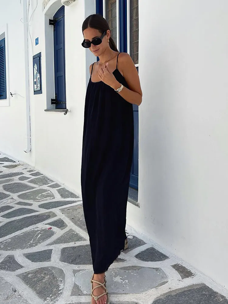 Sexy Backless Spaghetti Strap Dress Women Off Shoulder Sleeveless Loose Long Dresses Summer Lady New Beach Vacation Robe