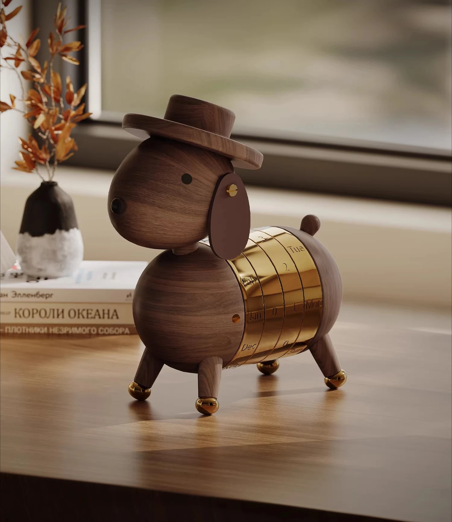 Creative Puppy Tabletop Ornament Calendar Perpetual Calendar Cute Solid Wood Black Walnut Birthday Gift High-end Brass