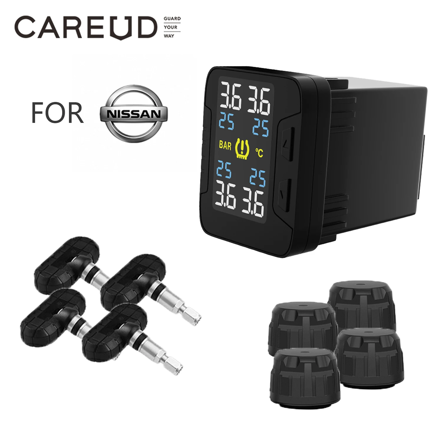 CAREUD For Nissan TPMS Car Electronics Wireless Tire Pressure Monitoring System LCD Display With Internal/External Sensor