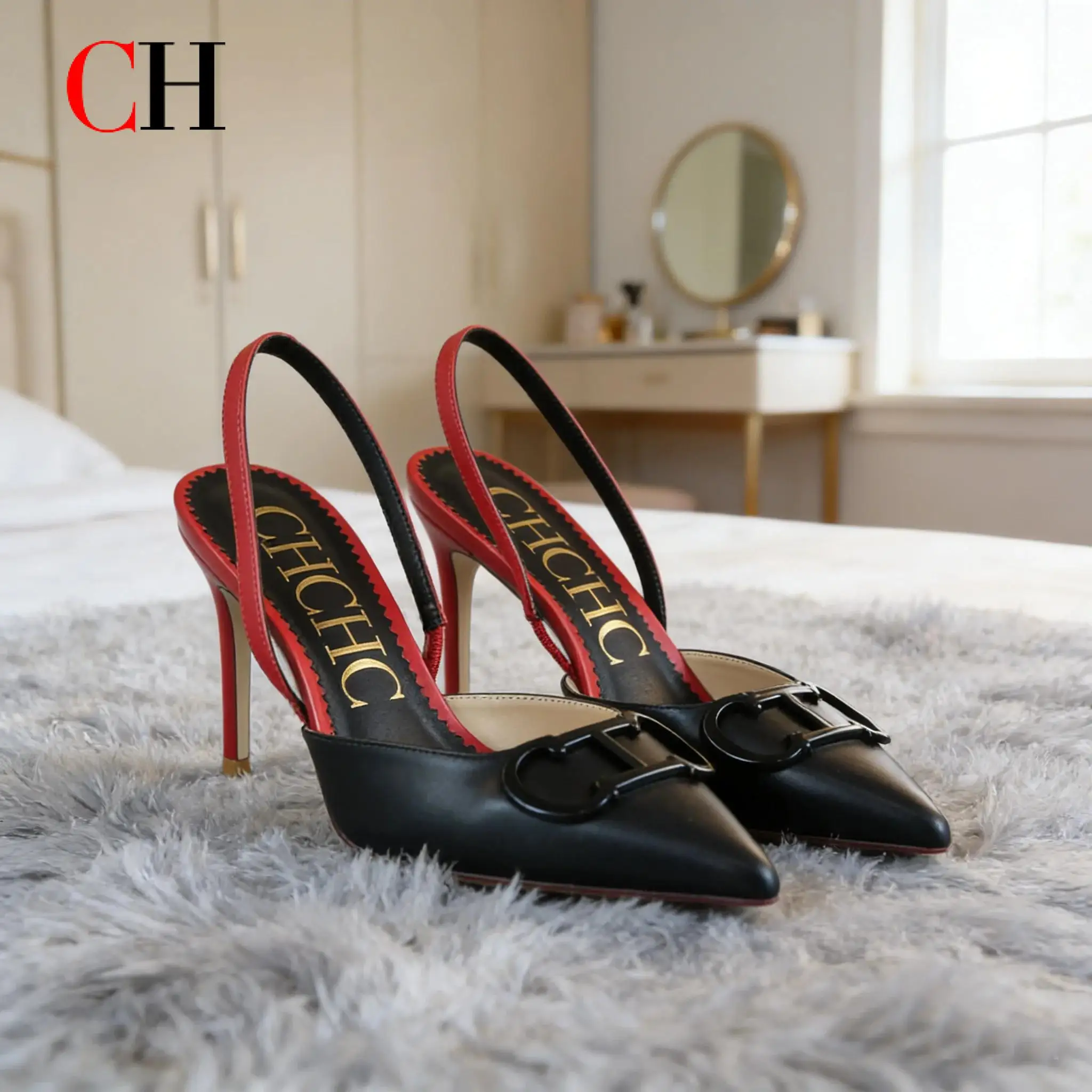 2026 CH Fashion Black Red Contrast Slingback Heels Women Pointed Toe Metal Buckle Stiletto High Heels Elegant Party Wedding