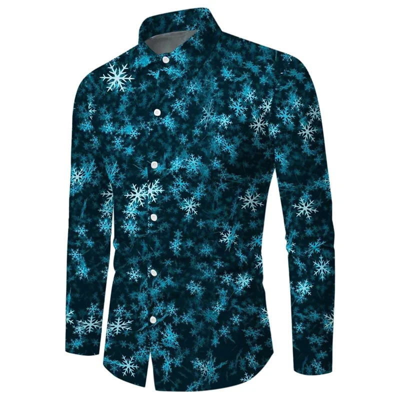 Christmas Snowflake Pattern Long Sleeve Shirts For Men Casual Oversized Button Up Party Shirts Tops Mens Tees Blouse Streetwear